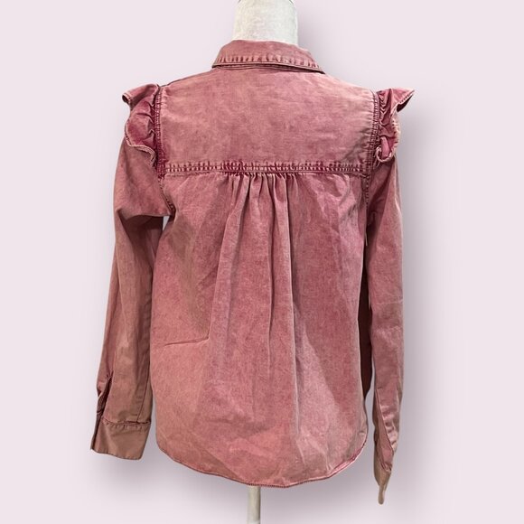 Free People Women's Top Button Front Pink Denim Ruffle Long Sleeve Size Small - Picture 3 of 10
